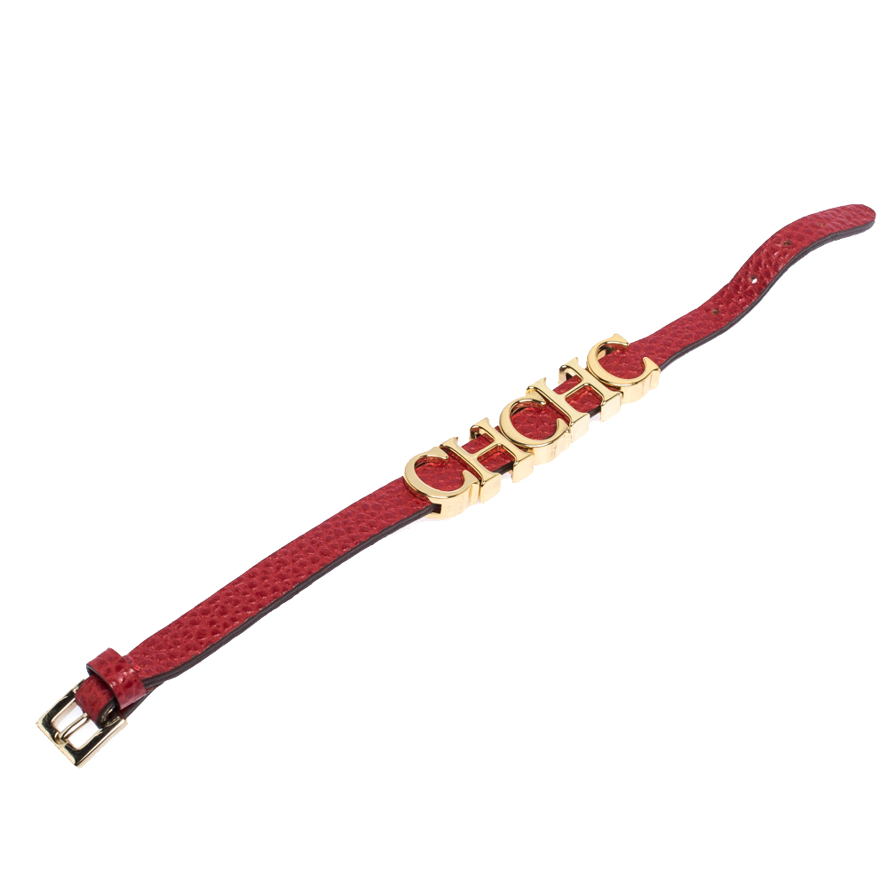 

CH Carolina Herrera Red Leather Gold Tone Logo Charm Bracelet