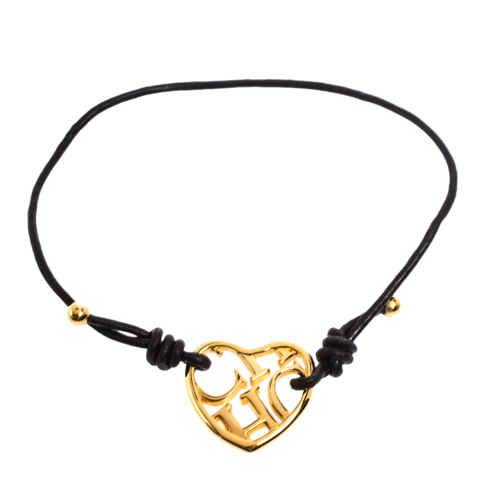 CH Carolina Herrera Brown Leather Heart Motif Gold Tone Adjustable Bracelet