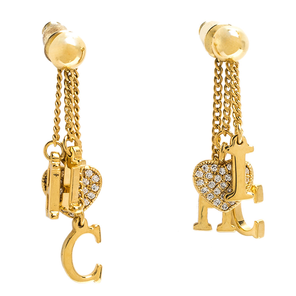 Pre Owned CH Carolina Herrera Crystal Gold Tone Tassel Dangle Earrings