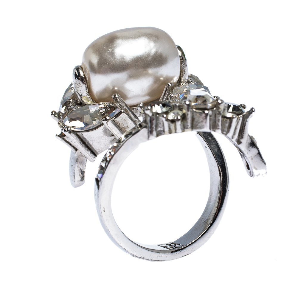 Pre Owned CH Carolina Herrera Crystal Faux Pearl Silver Tone Bypass Ring Size 56