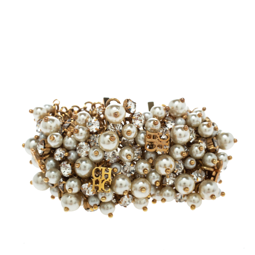 

CH Carolina Herrera Crystal Faux Pearl Gold Tone Wide Bracelet, Cream