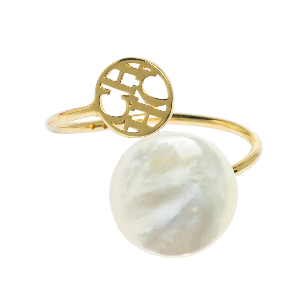 

Carolina Herrera Gold Tone Mother of Pearl CH Moon Ring Size EU 53