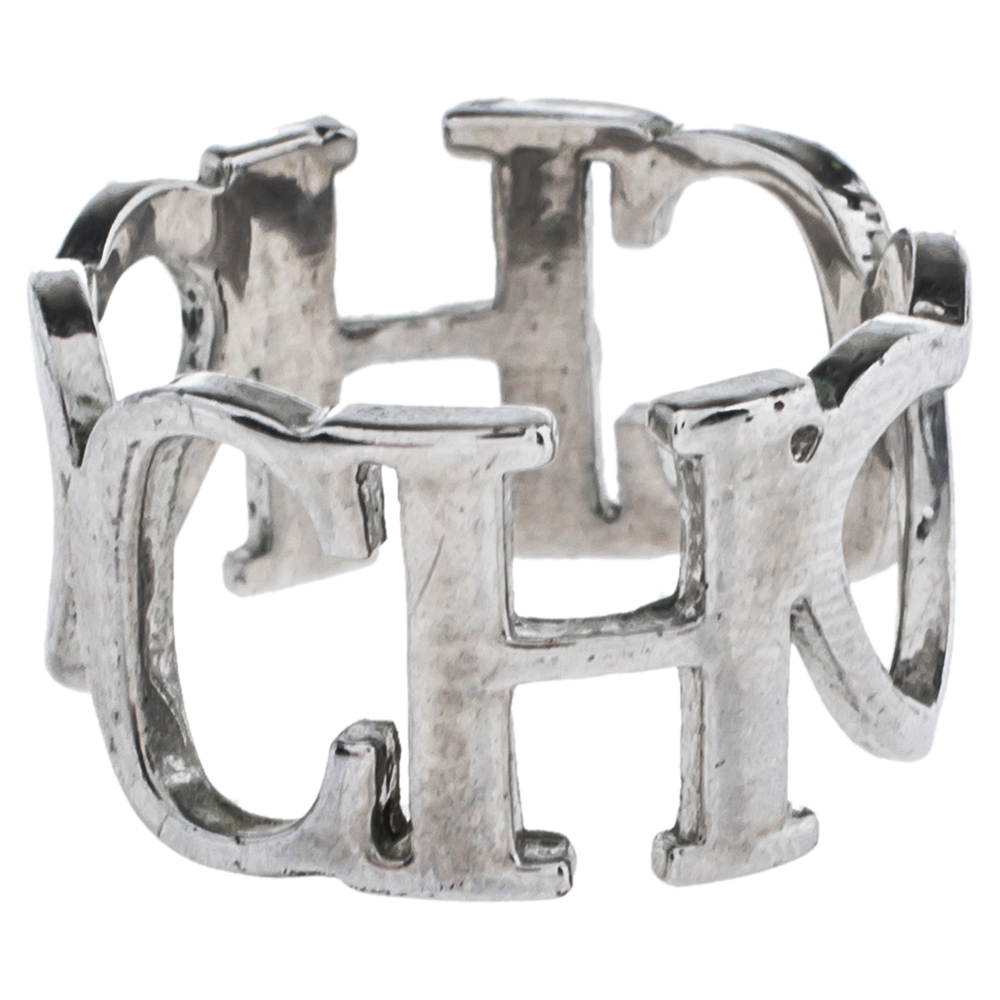 

Carolina Herrera Logo & Heart Silver Tone Band Ring Size EU 56