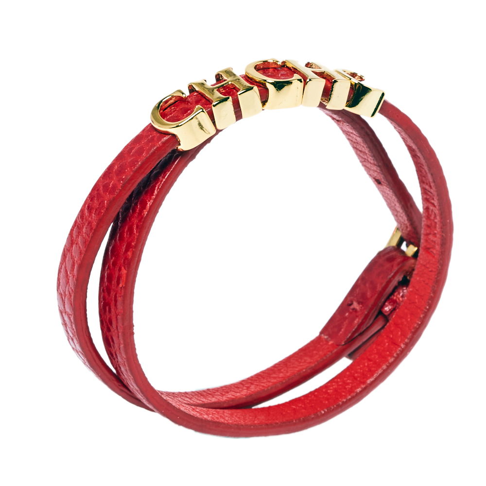 

Carolina Herrera CH Logo Red Leather Gold Tone Double Wrap Bracelet