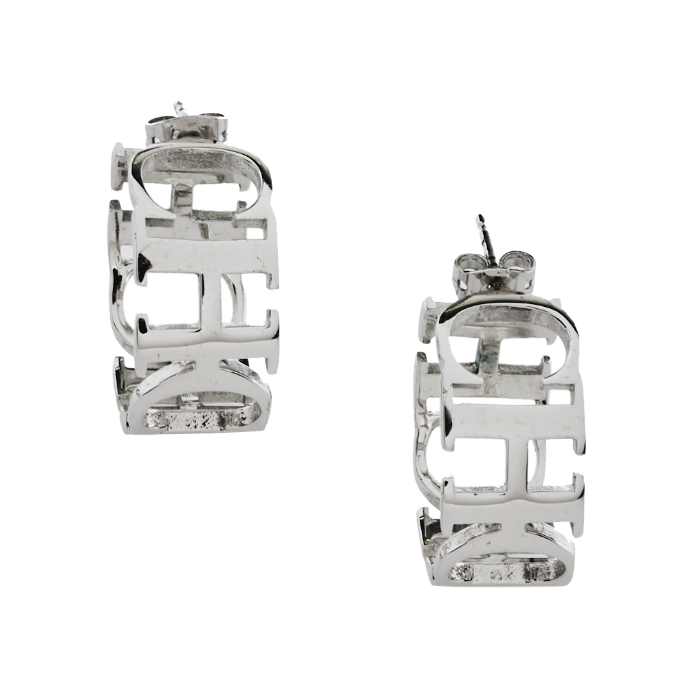 

CH Carolina Herrera Logo Silver Tone Hoop Earrings