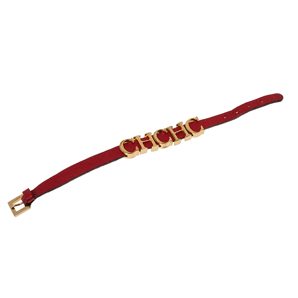 

CH Carolina Herrera Red Leather Gold Tone Logo Charm Bracelet