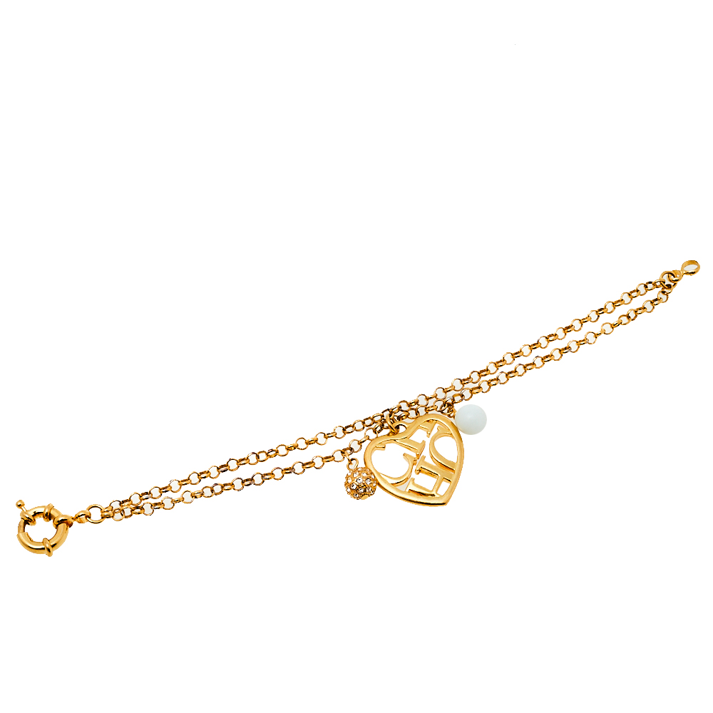 

CH Carolina Herrera Logo Heart Charm Double Chain Bracelet, Gold
