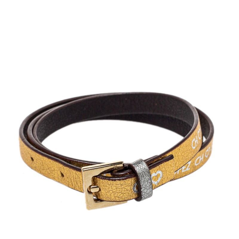 Pre-owned Ch Carolina Herrera Gold Printed Leather Triple Wrap Bracelet