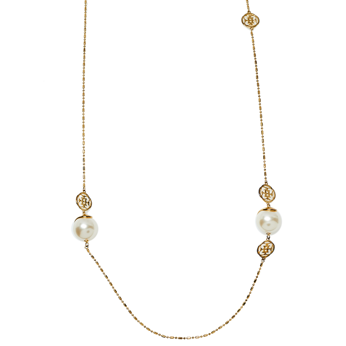 

Carolina Herrera Gold Tone Faux Pearl Station Long Necklace