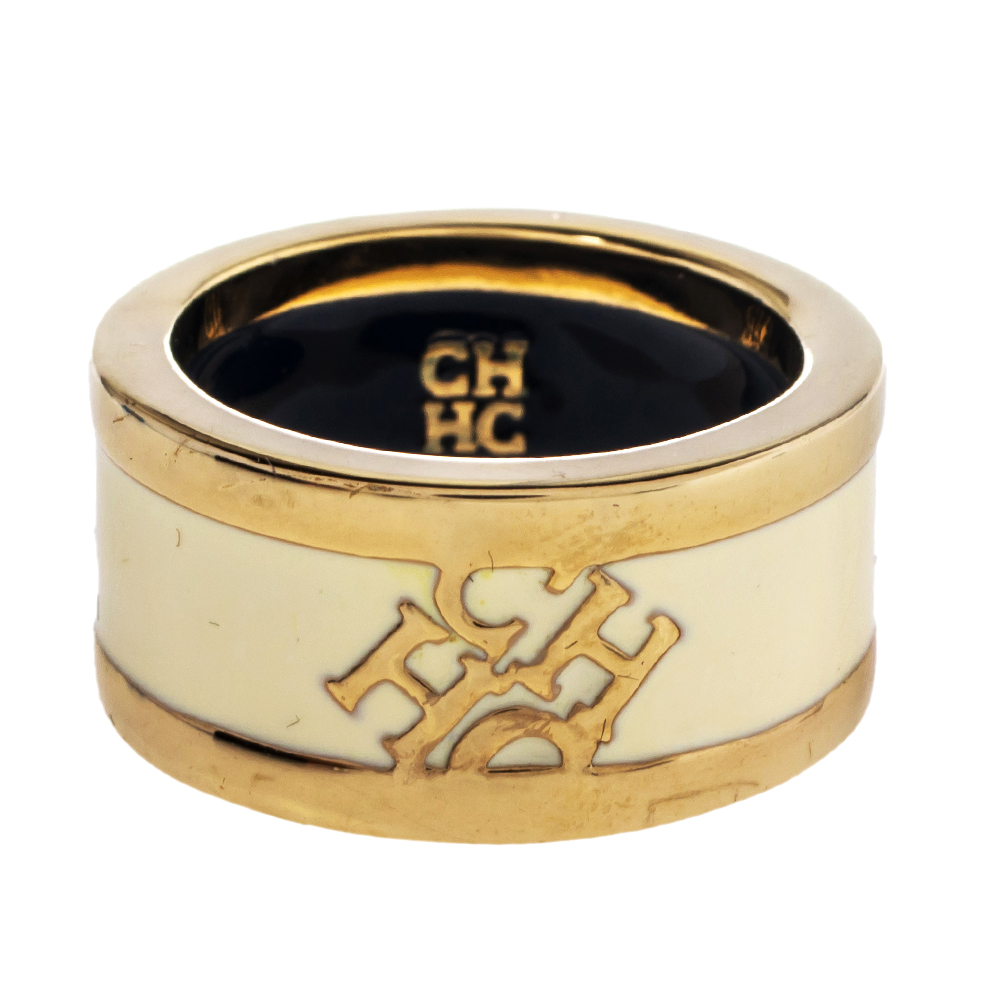 

Carolina Herrera Cream Enamel Logo Gold Tone Band Ring Size EU 54.5