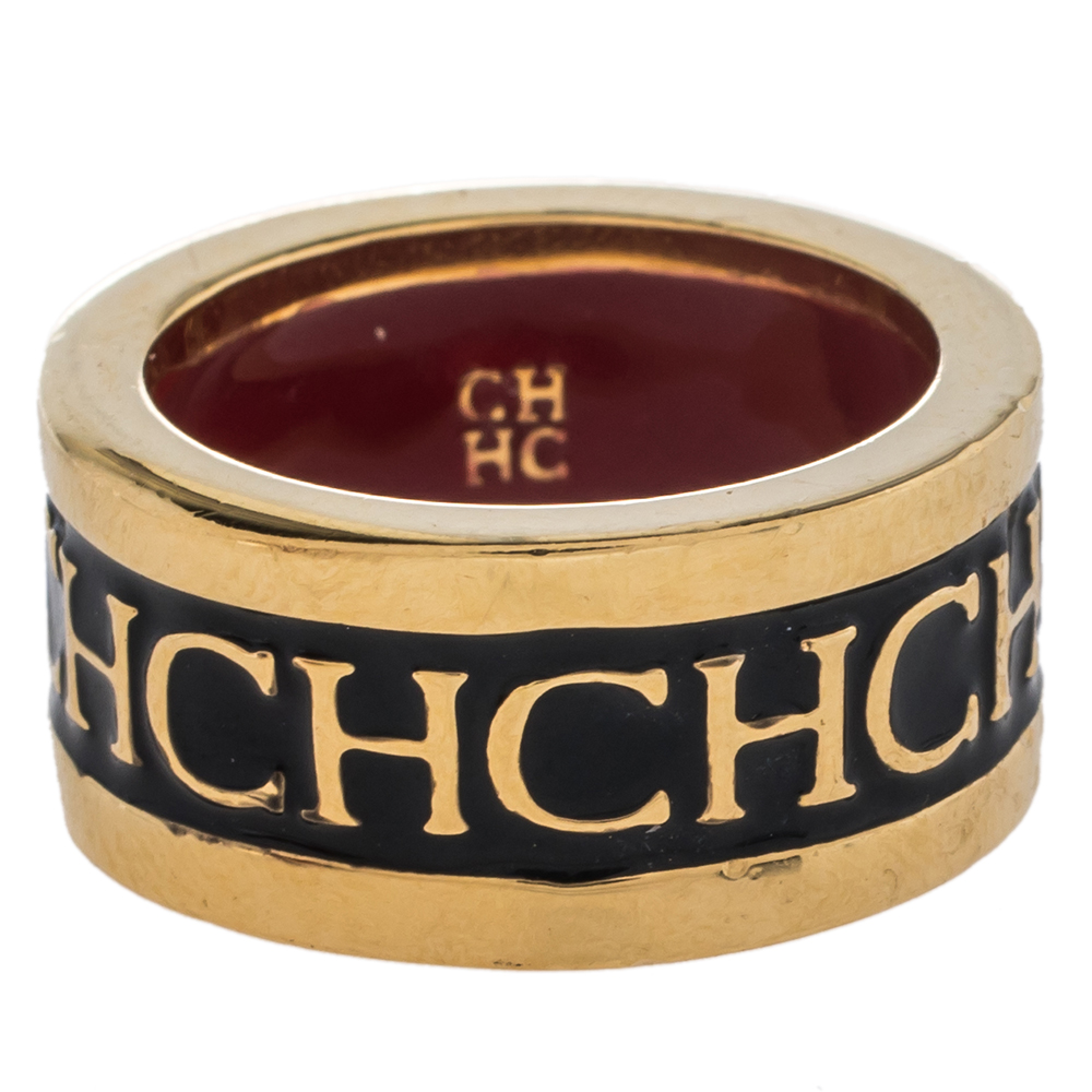 

CH Carolina Herrera Black Logo Enamel Gold Tone Band Ring EU 57
