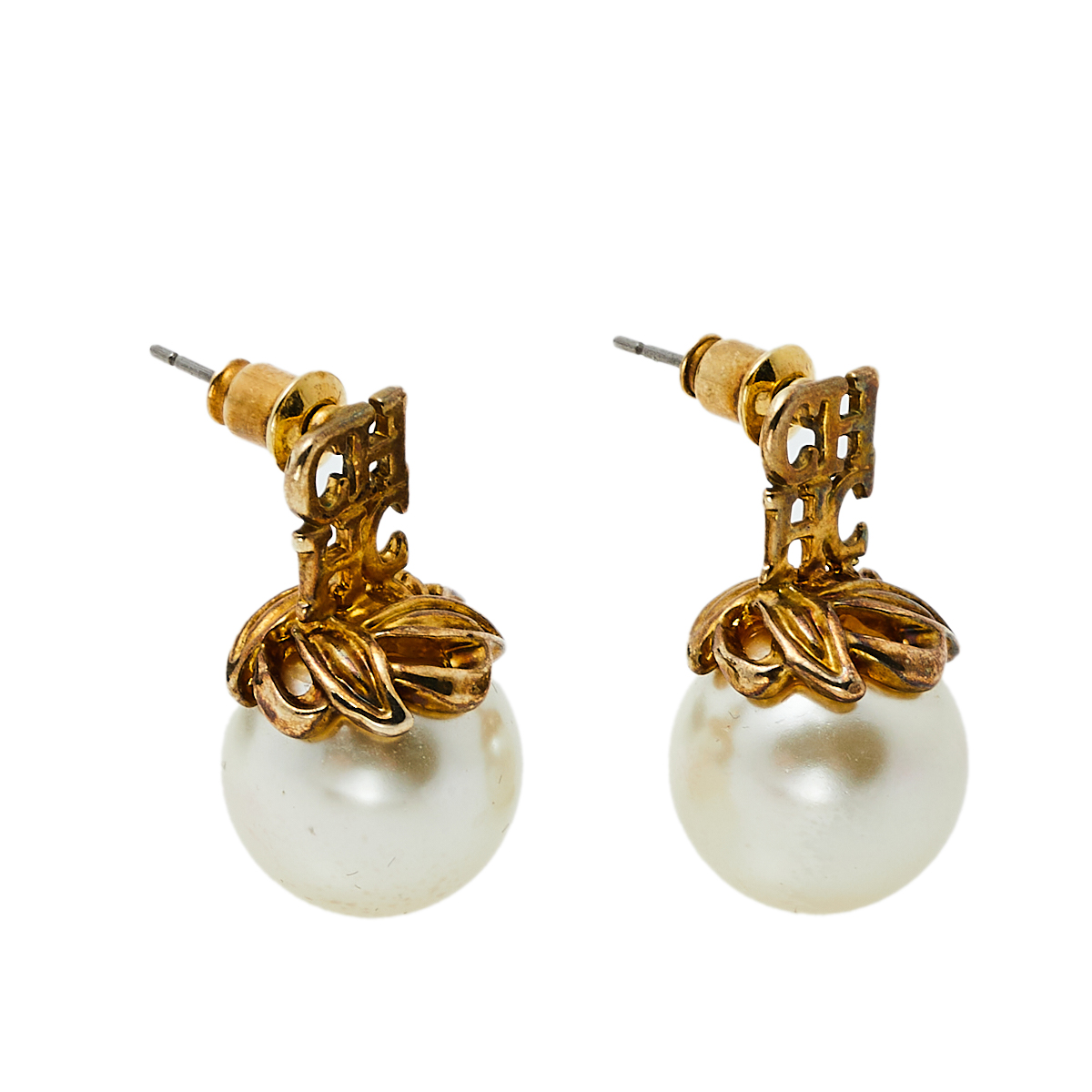 

CH Carolina Herrera Logo Faux Pearl Gold Tone Stud Earrings