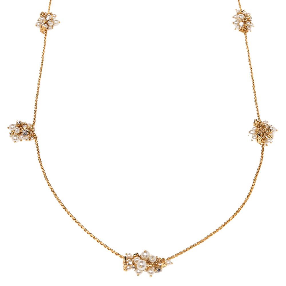 

CH Carolina Herrera Faux Pearl & Crystal Embellished Gold Tone Long Station Necklace