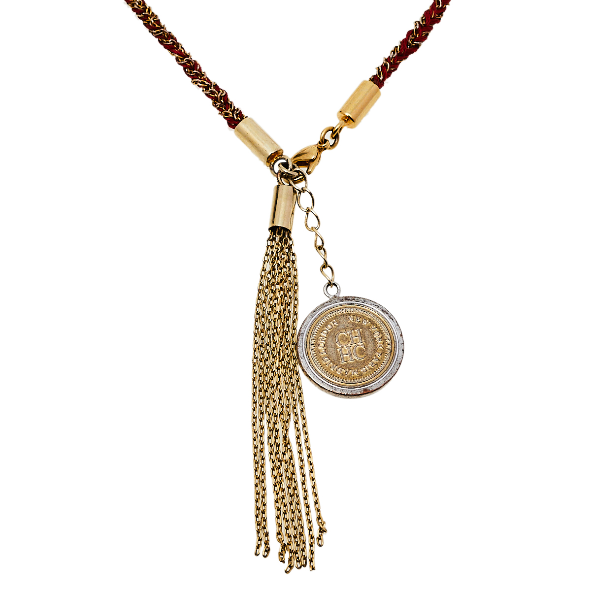 

Carolina Herrera Gold Tone Braided Medallion Pendant Tassle Necklace, Red