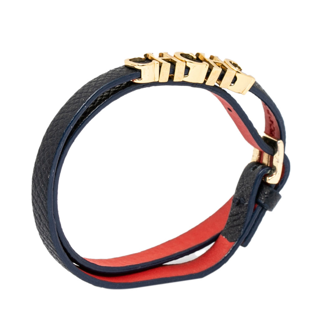 

CH Carolina Herrera Navy Blue Leather Logo Double Wrap Bracelet