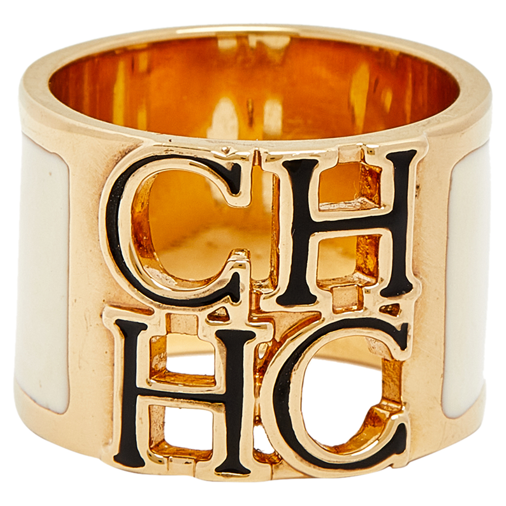 

CH Carolina Herrera Logo Off White Enamel Gold Tone Wide Band Ring Size