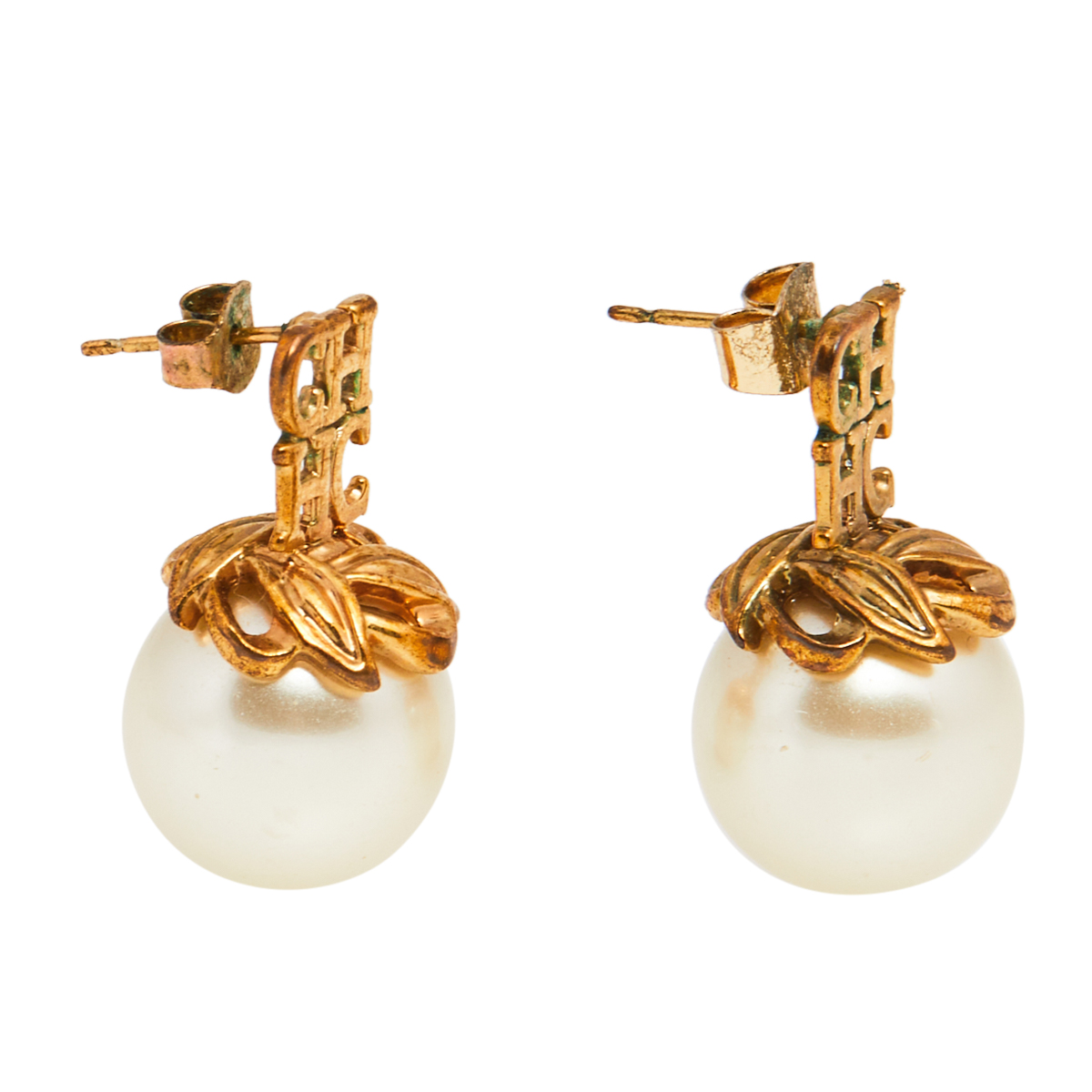 

CH Carolina Herrera Faux Pearl Gold Tone Logo Earrings