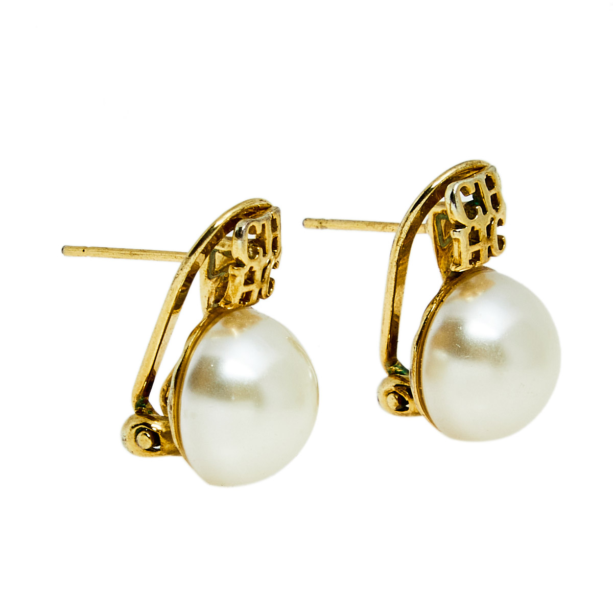 

CH Carolina Herrera Faux Pearl Gold Tone Logo Earrings