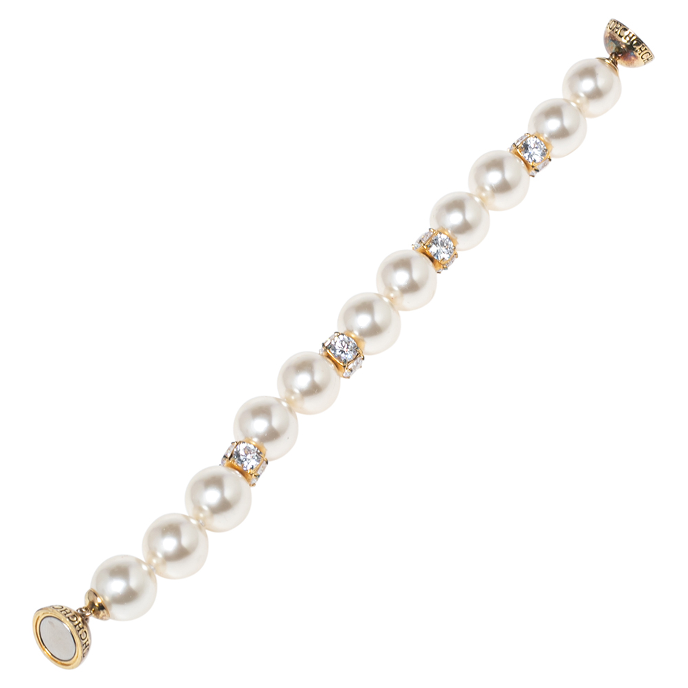 

Carolina Herrera CH Faux Pearl Crystals Gold Tone Metal Bracelet