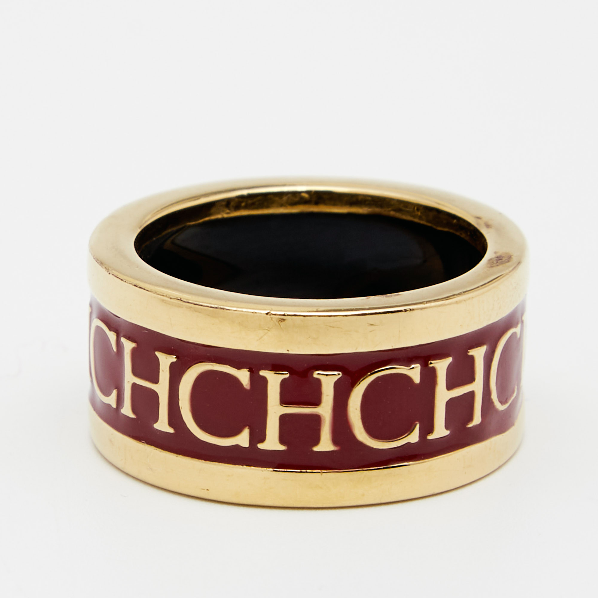 

Carolina Herrera CH Red Logo Enamel Gold Tone Band Ring Size