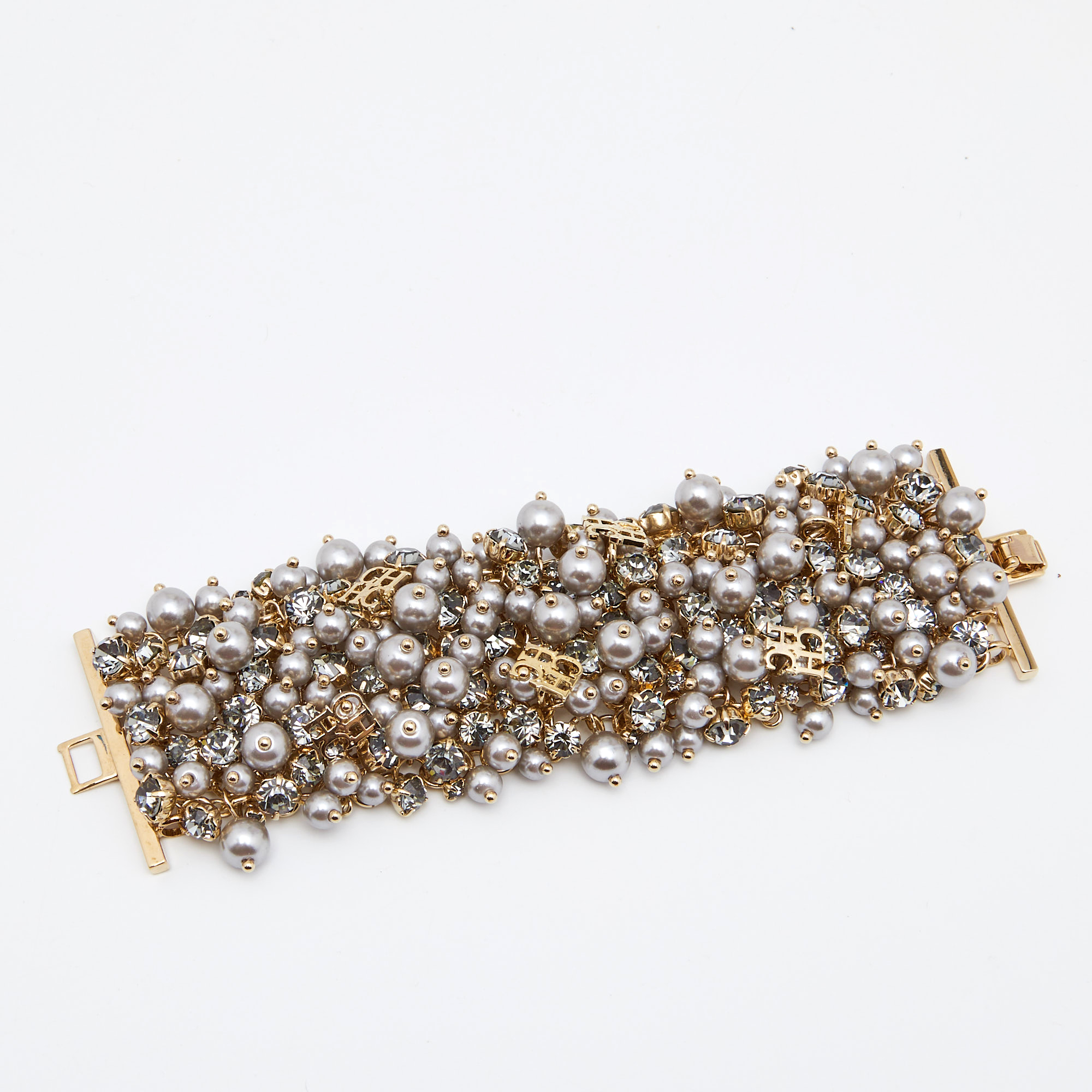 

CH Carolina Herrera CH Grey Faux Pearl Crystals Gold Tone Metal Bracelet