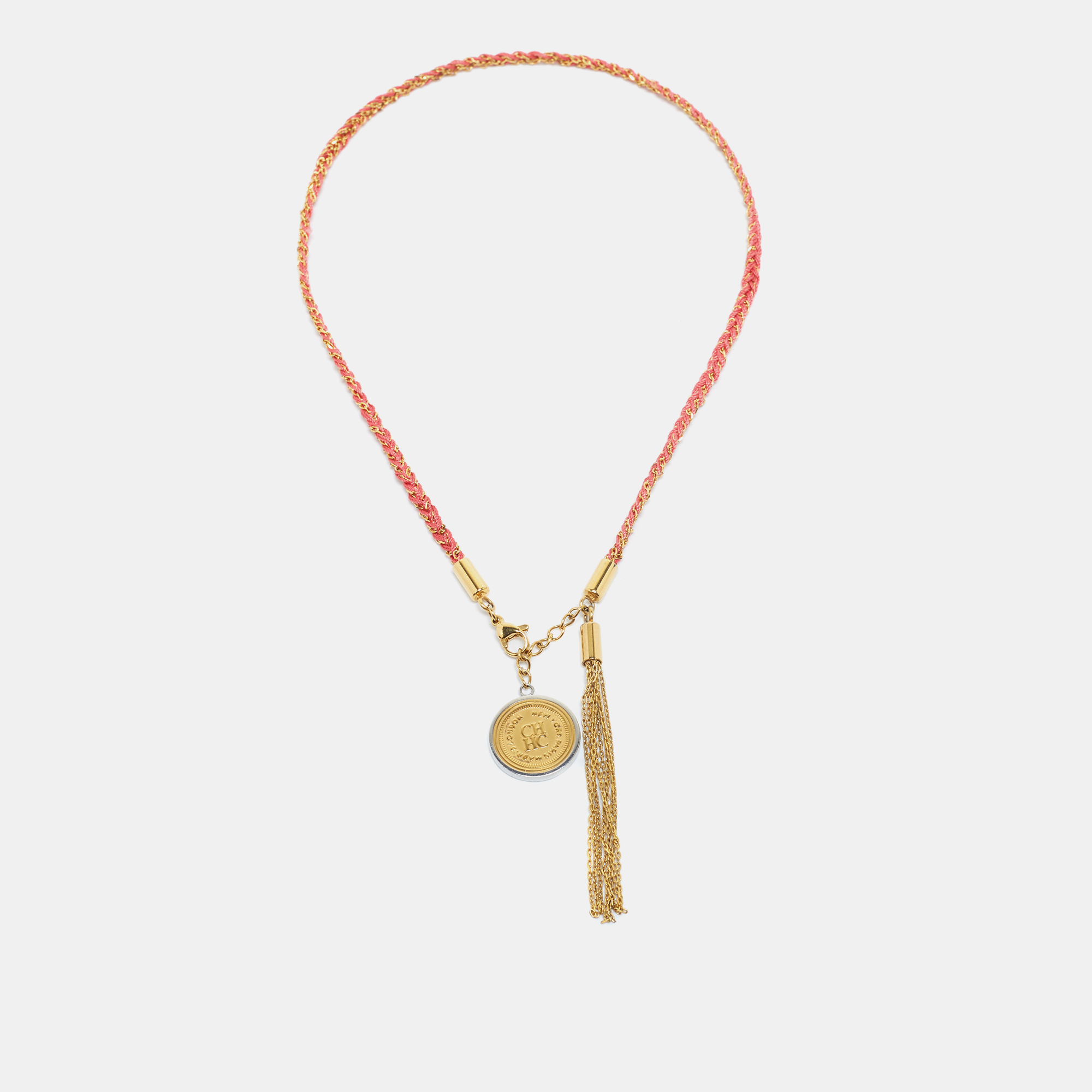 

Carolina Herrera Gold Tone Braided Medallion Pendant Tassle Necklace, Red