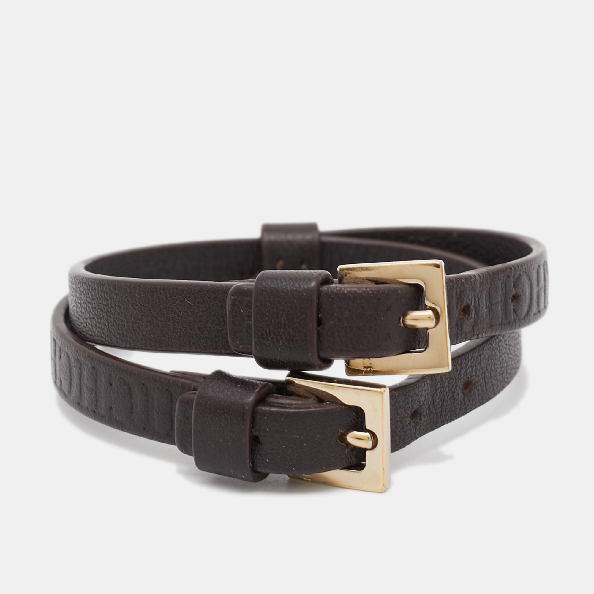 Pre-owned Ch Carolina Herrera Brown Logo Embossed Double Wrap Leather Bracelet