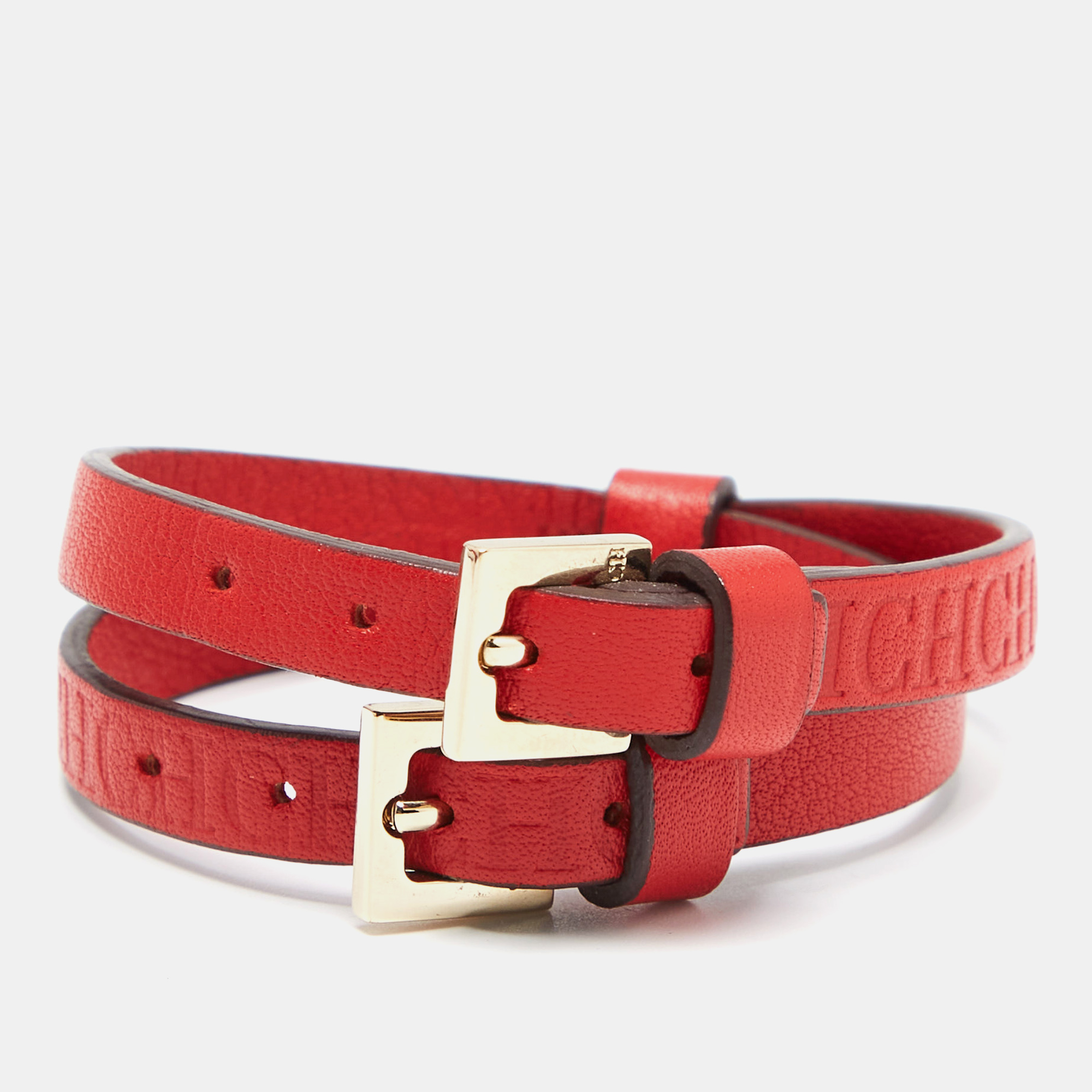 Pre-owned Ch Carolina Herrera Red Logo Embossed Double Wrap Leather Bracelet