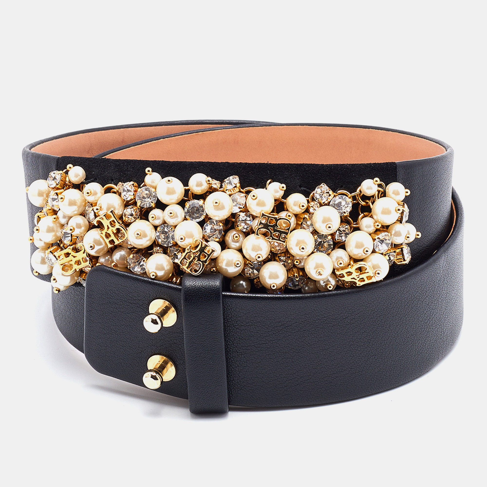 Pre Owned CH Carolina Herrera Black Leather Embellished Belt 85CM