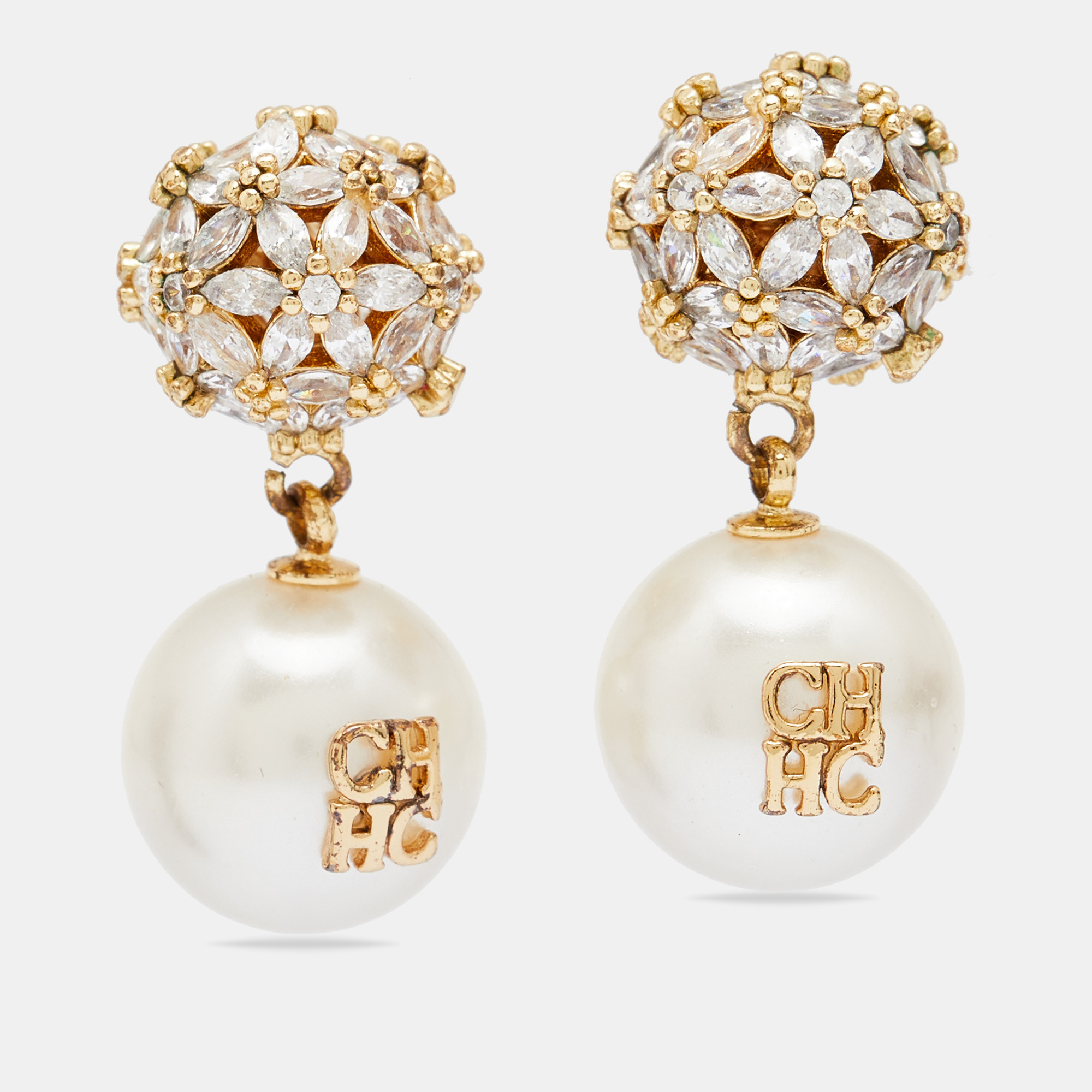 Pre Owned CH Carolina Herrera Bonquet Jasmine Faux Pearl & Crystal Drop Earrings