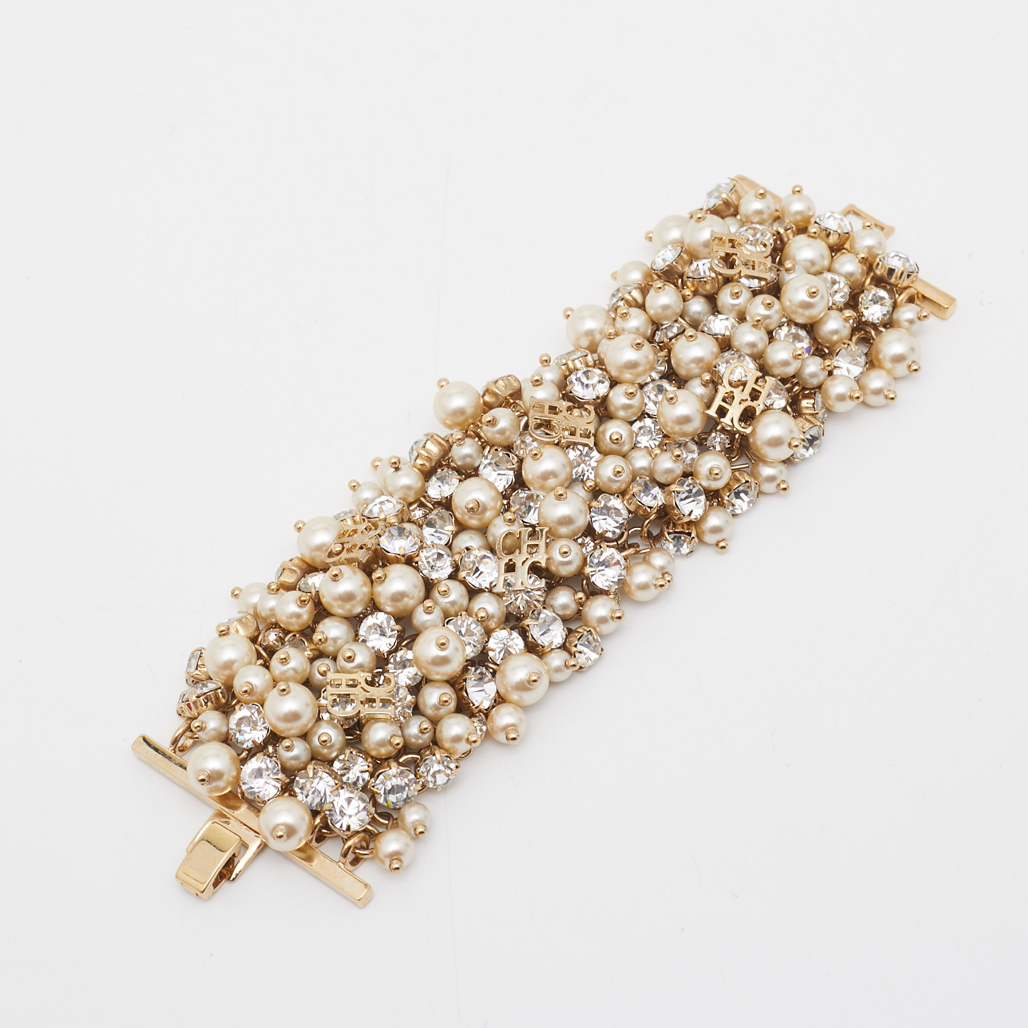 

CH Carolina Herrera CH Crystal Faux Pearl Gold Tone Wide Bracelet, Cream