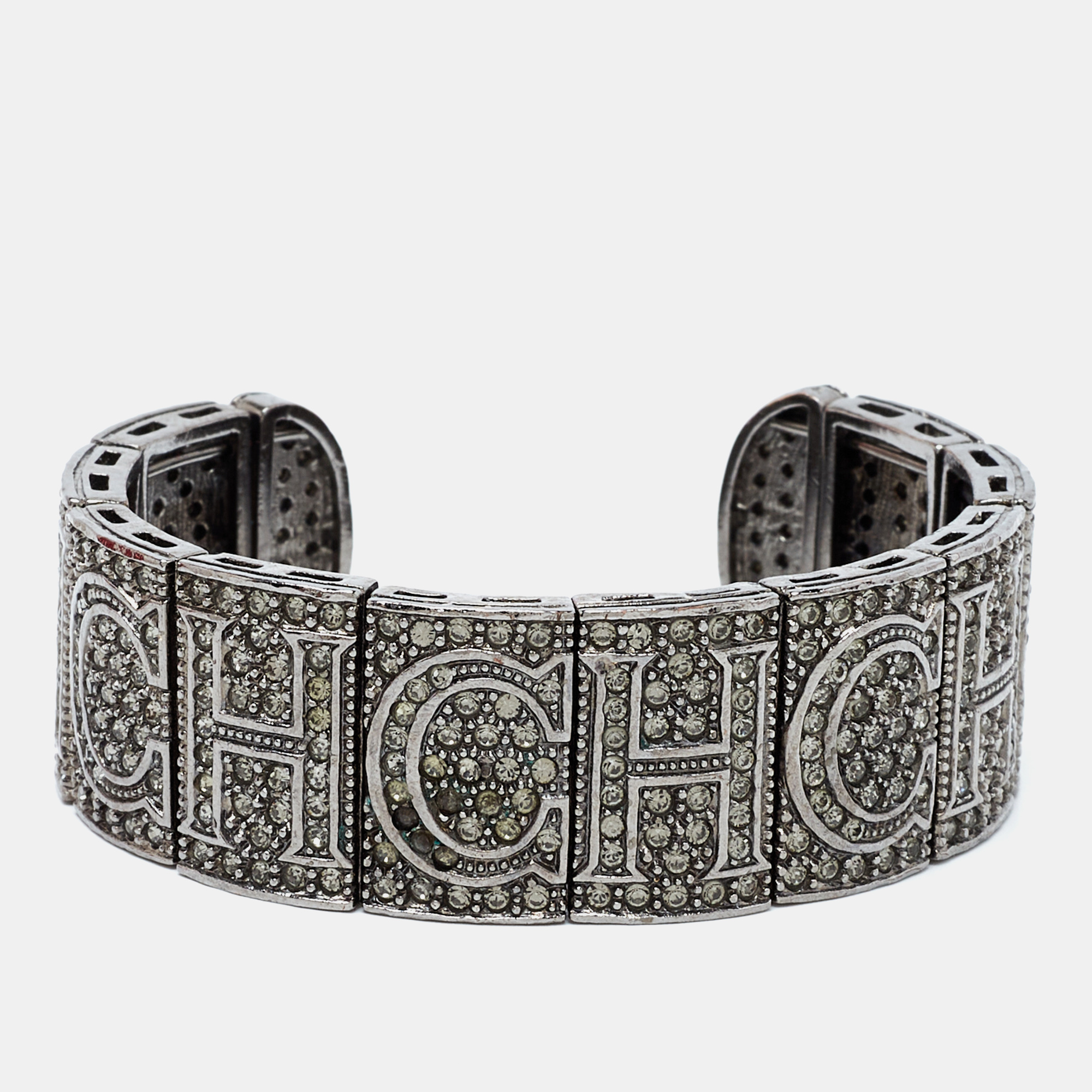 Pre-owned Ch Carolina Herrera Crystal Logo Gunmetal Tone Open Cuff Bracelet In Grey