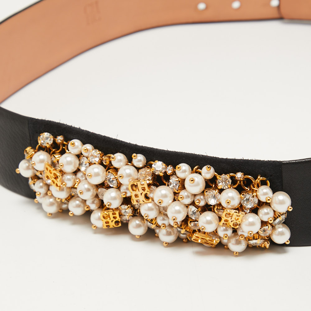 

CH Carolina Herrera Black Leather and Suede Pearl Embellished Waist Belt