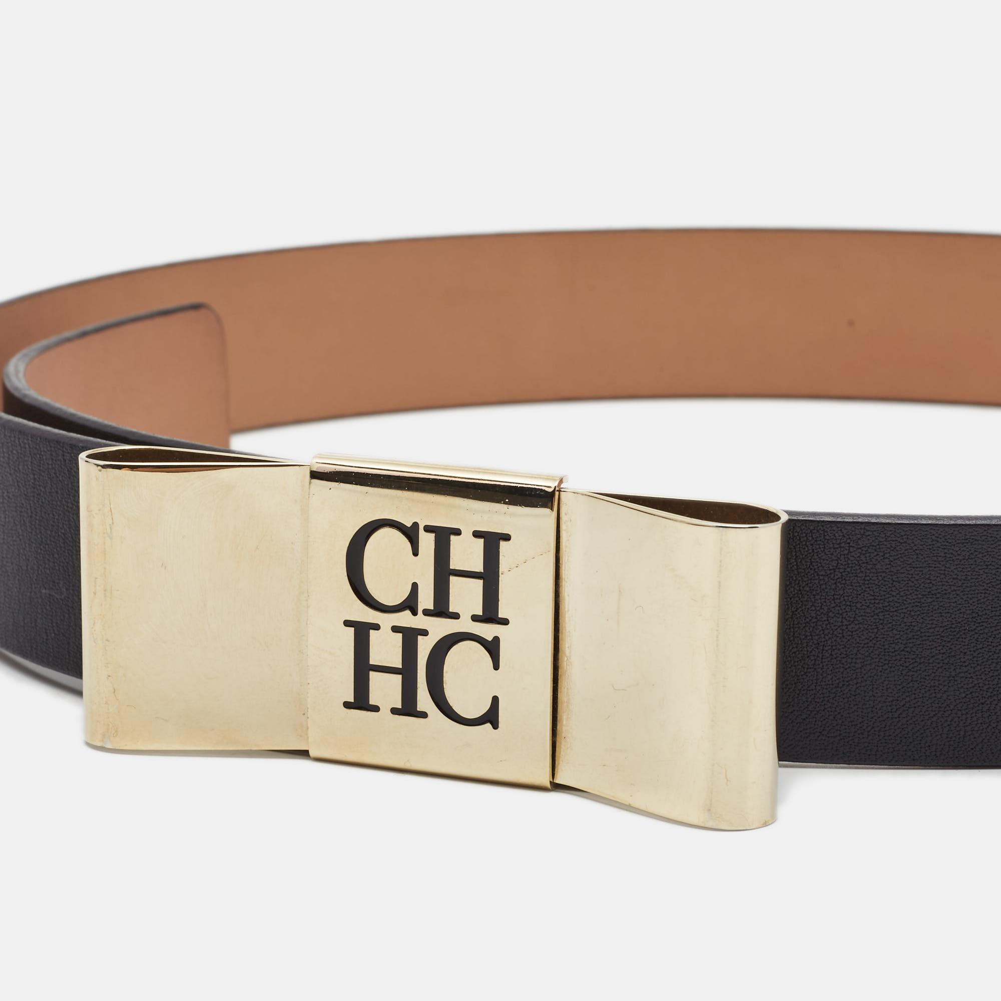 

CH Carolina Herrera Black Leather Metal Bow Belt