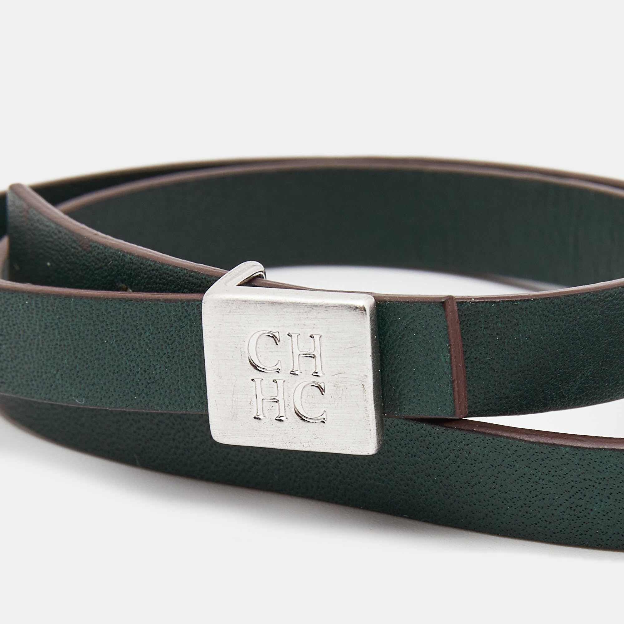 

Carolina Herrera CH Leather Silver Tone Wrap Bracelet