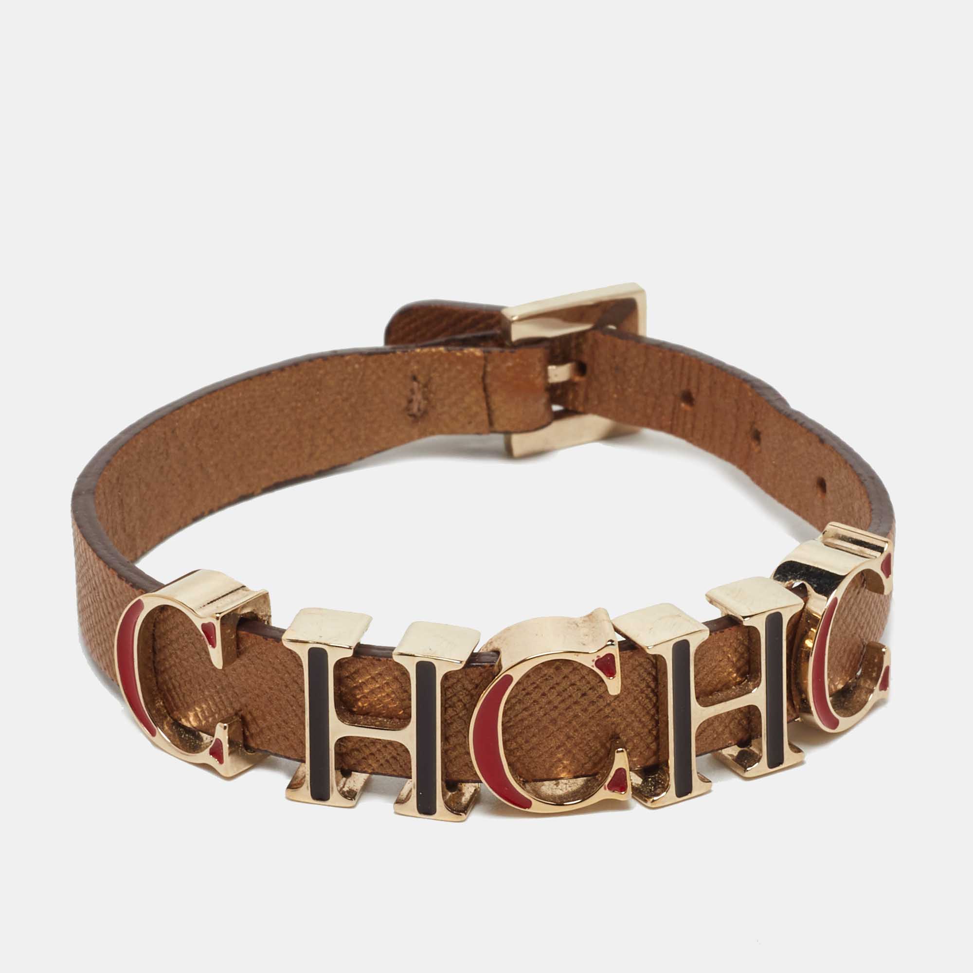Pre-owned Ch Carolina Herrera Brown Enameled Ch Logo Brown Leather Gold Tone Bracelet