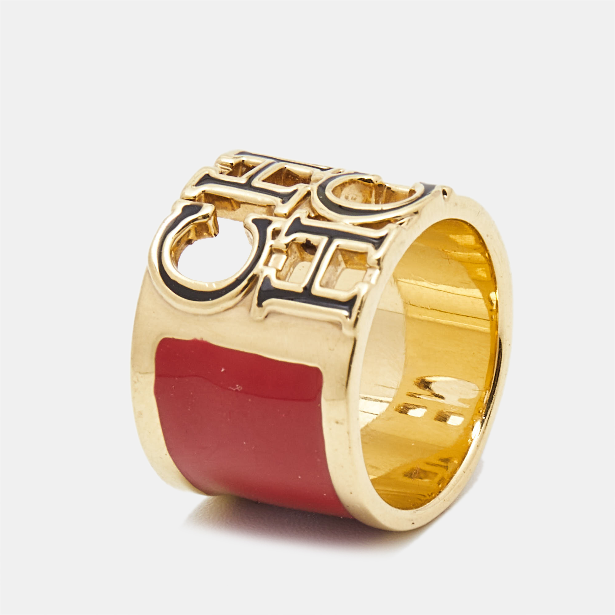 Pre-owned Ch Carolina Herrera Logo Enamel Gold Tone Wide Band Ring Size 54 In Red