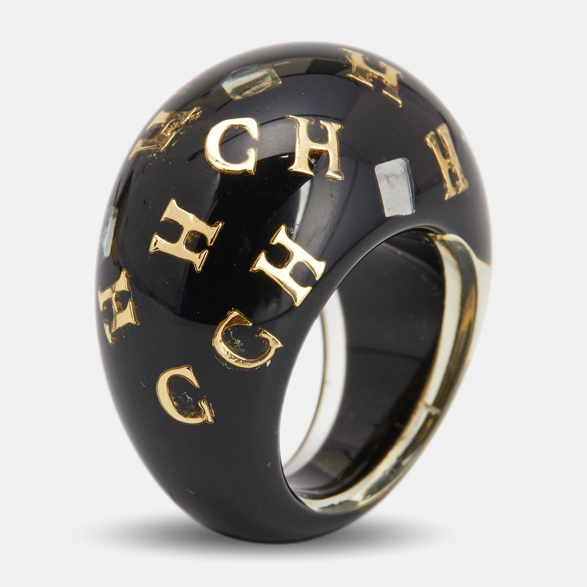 

Carolina Herrera CH Black Resin Crystal Gold Tone Ring Size