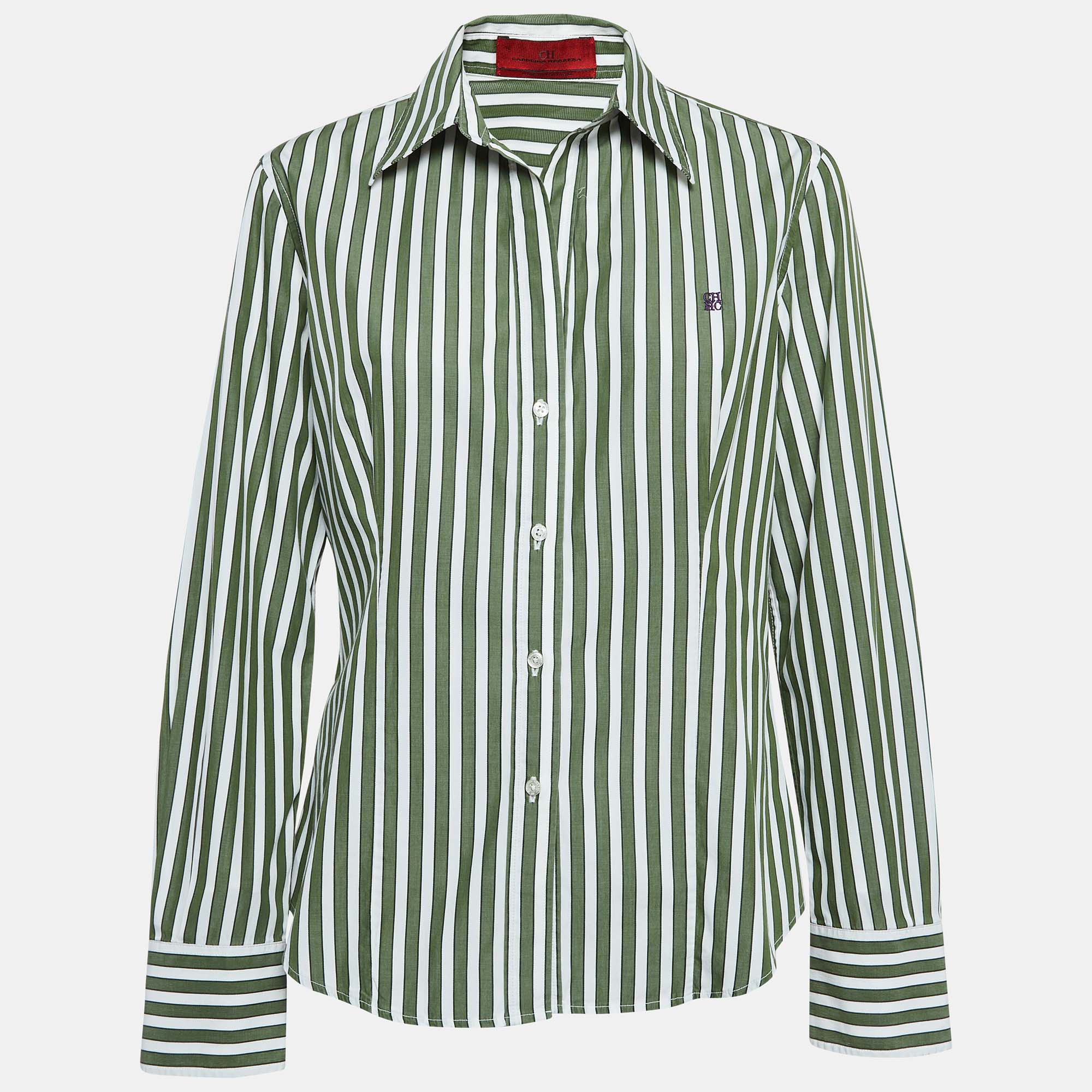 

CH Carolina Herrera Green Striped Cotton Button Front Shirt L