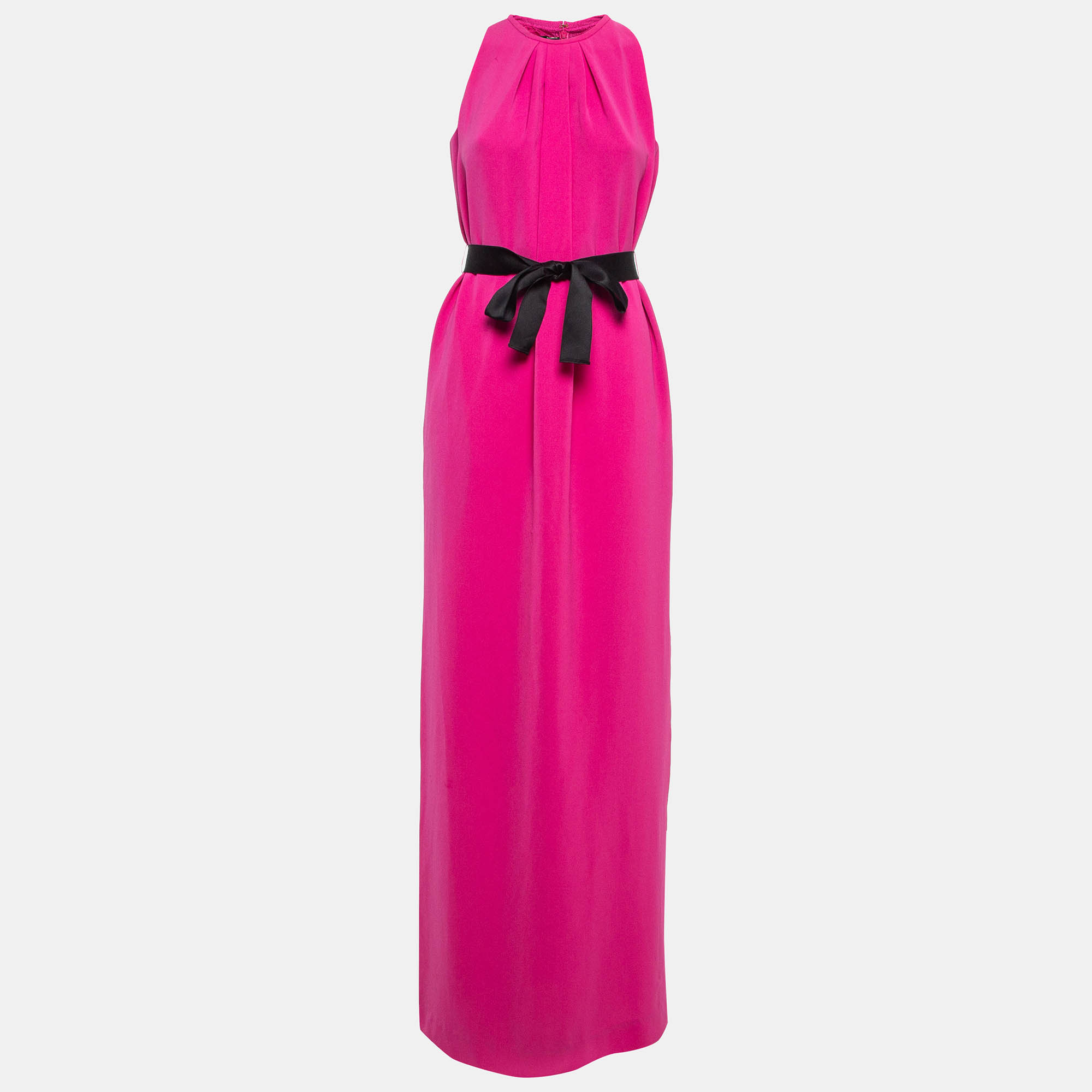 Pre-owned Ch Carolina Herrera Pink Crepe Sleeveless Belted Maxi Dress S