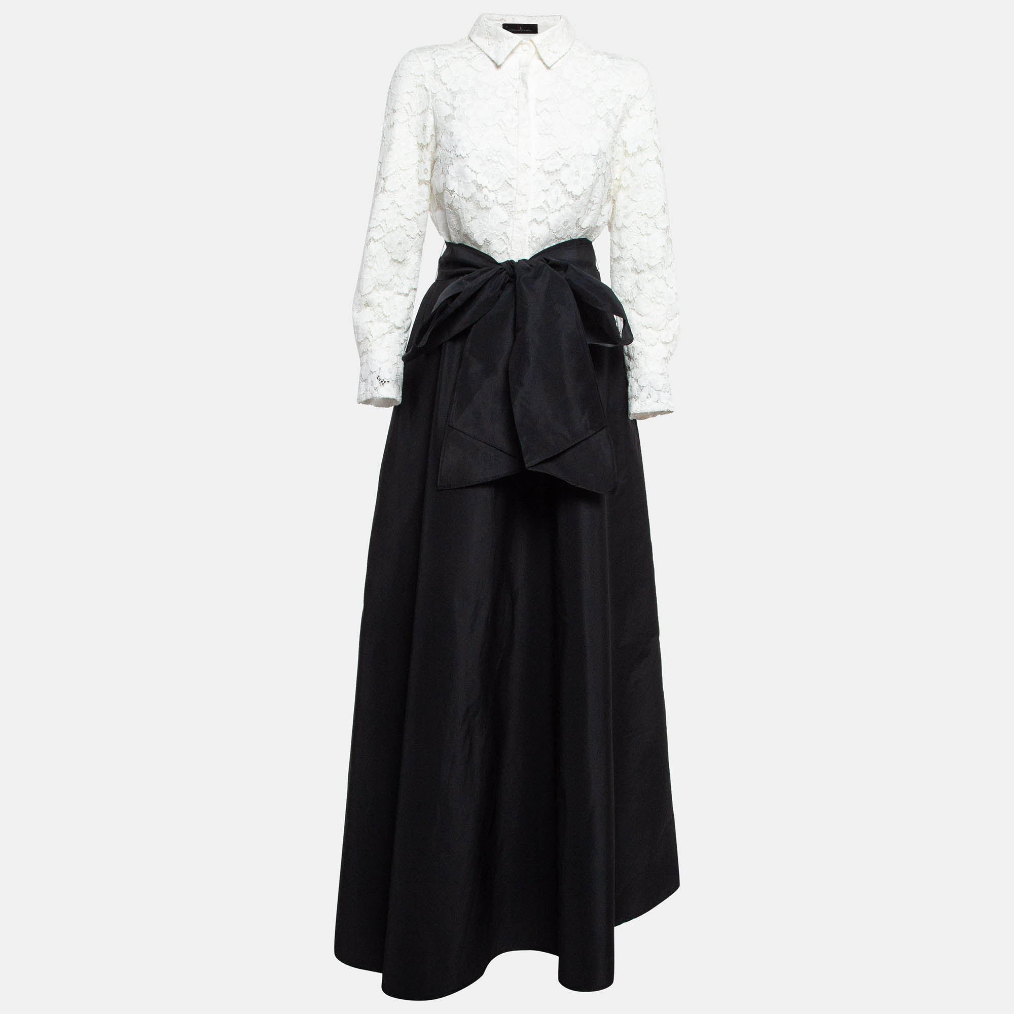 

CH Carolina Herrera White/Black Lace Belted Maxi Dress M