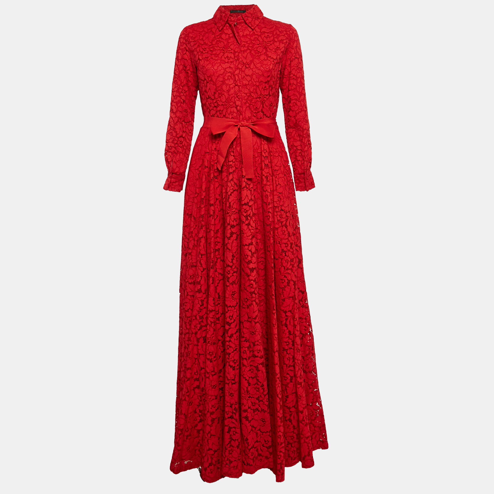 

CH Carolina Herrera Red Floral Lace Buttoned Maxi Shirt Dress S