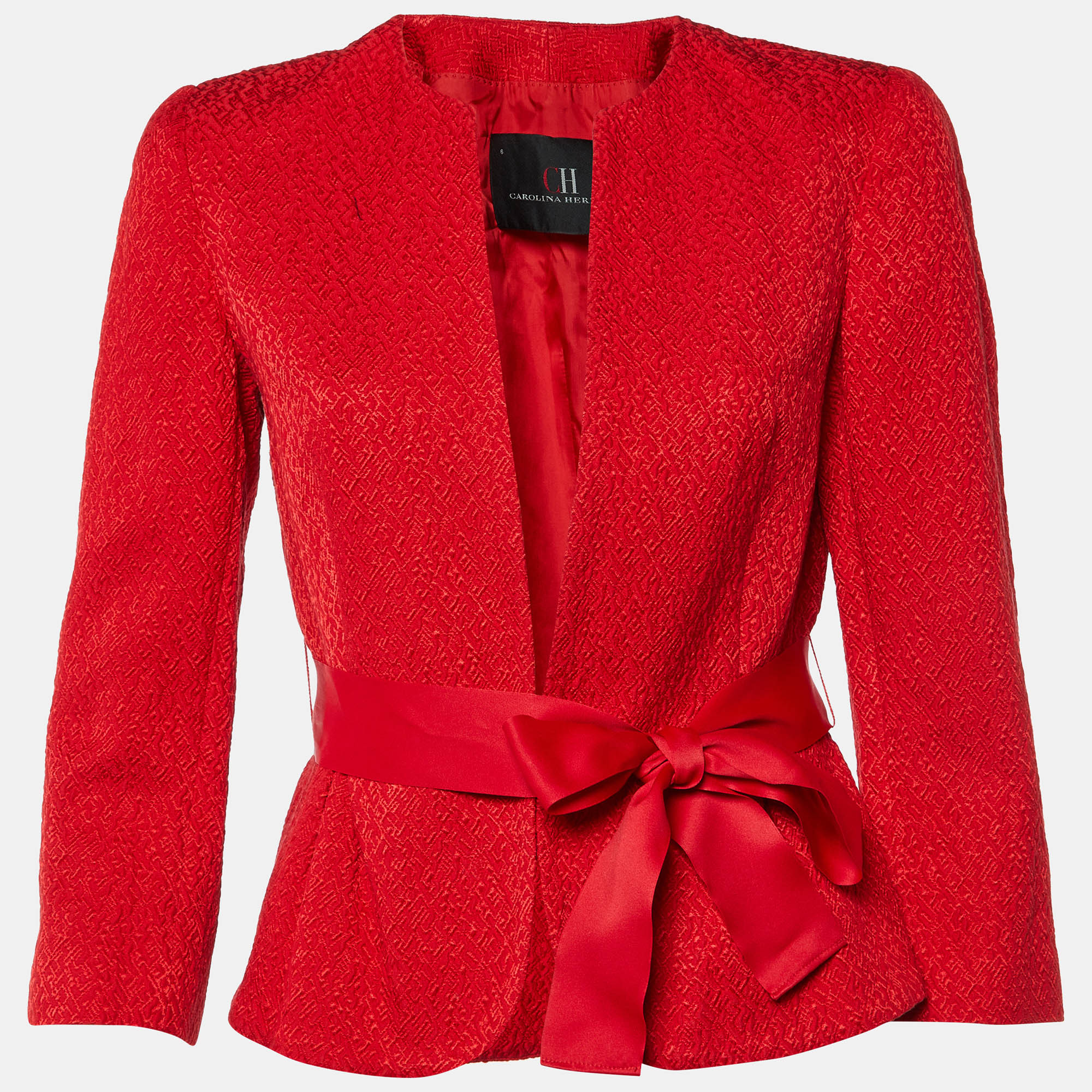 

CH Carolina Herrera Red Embossed Jacquard Peplum Style Jacket M