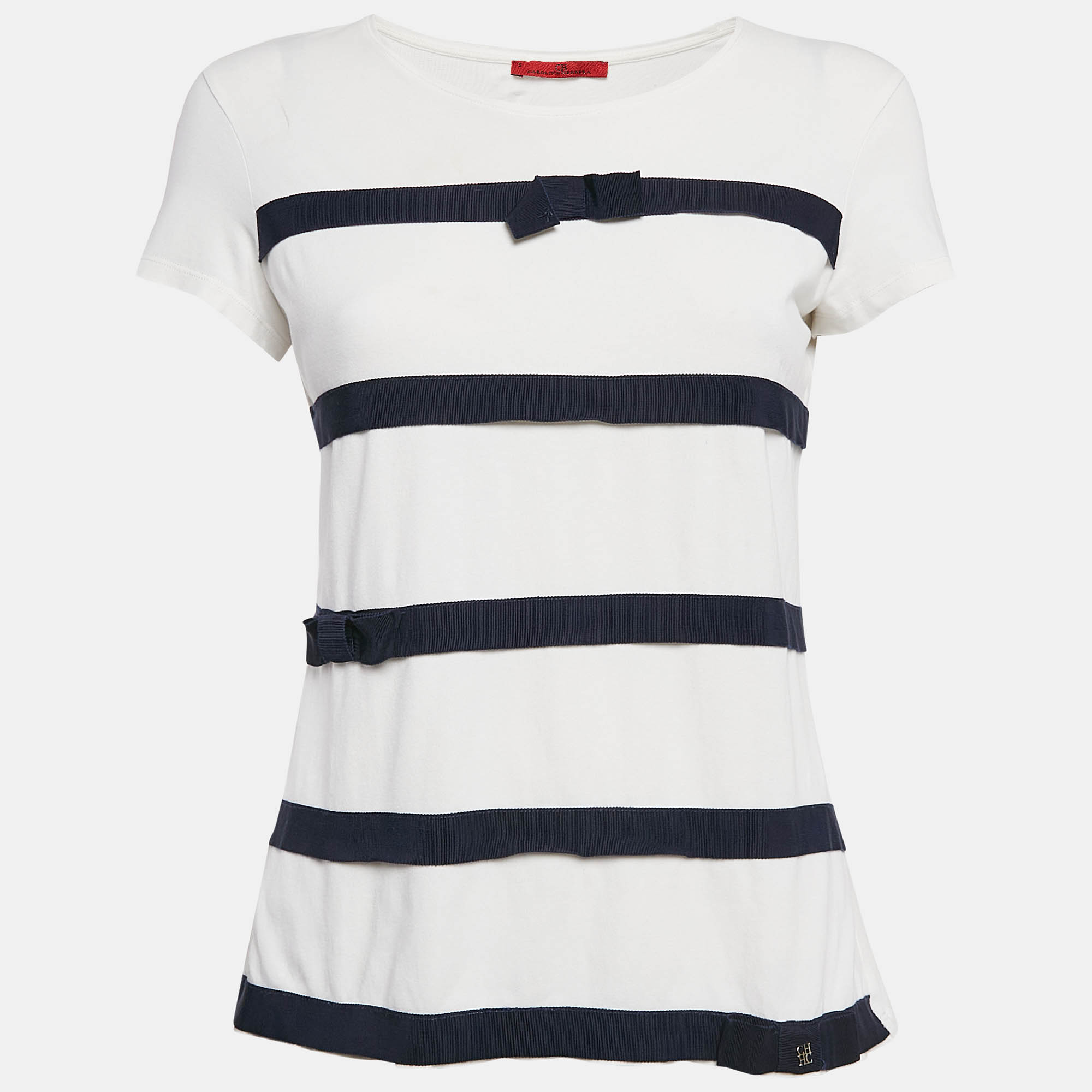 

CH Carolina Herrera White/Blue Striped Cotton Bow Details T-Shirt S