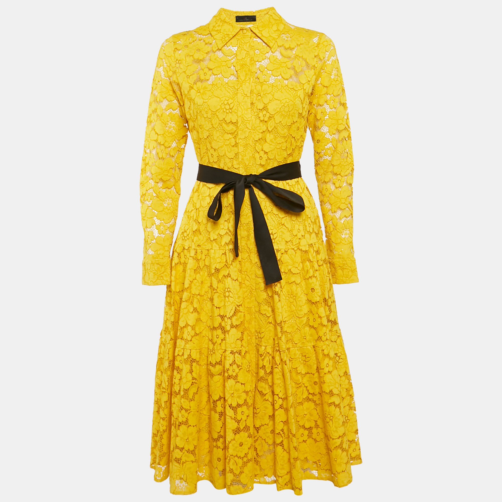 

CH Carolina Herrera Yellow Lace Belted Midi Dress M