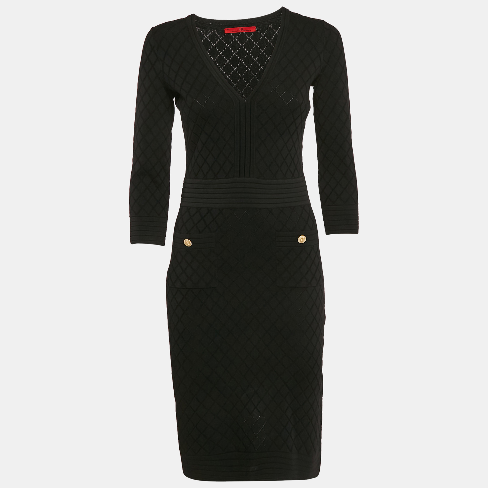 

CH Carolina Herrera Black Pointelle Knit V-Neck Bodycon Dress