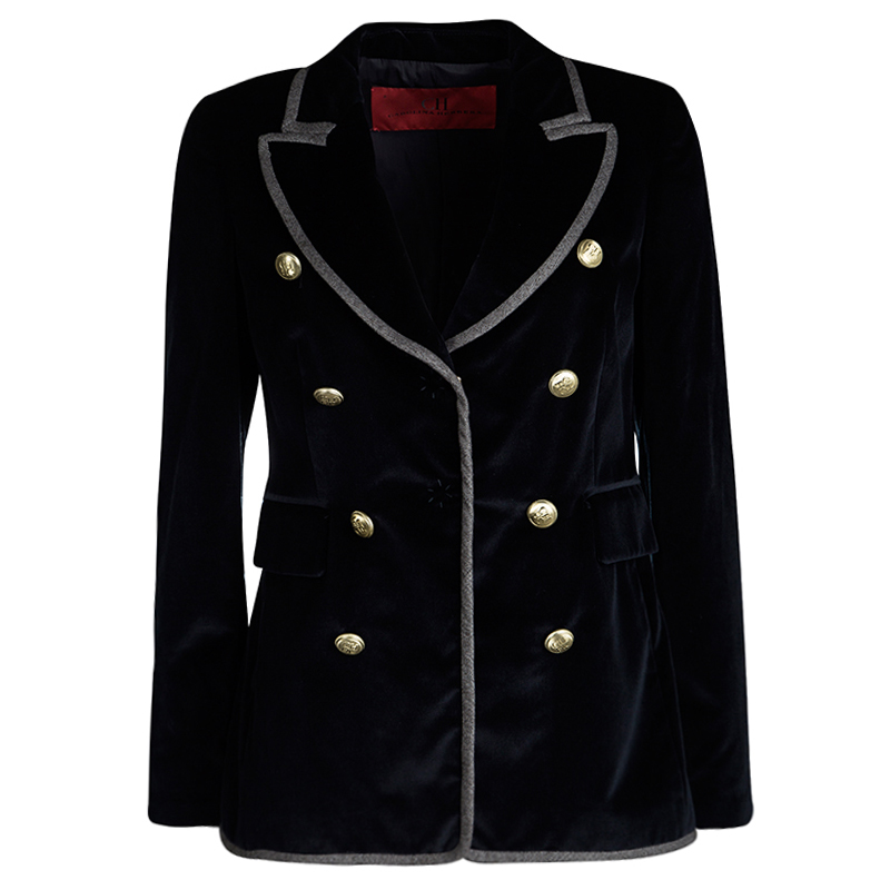 Pre Owned جاكيت بليزر سي أتش كارولينا هيرير قطيفة أزرق كحلي بحواف متباينة وصفين أزرار M