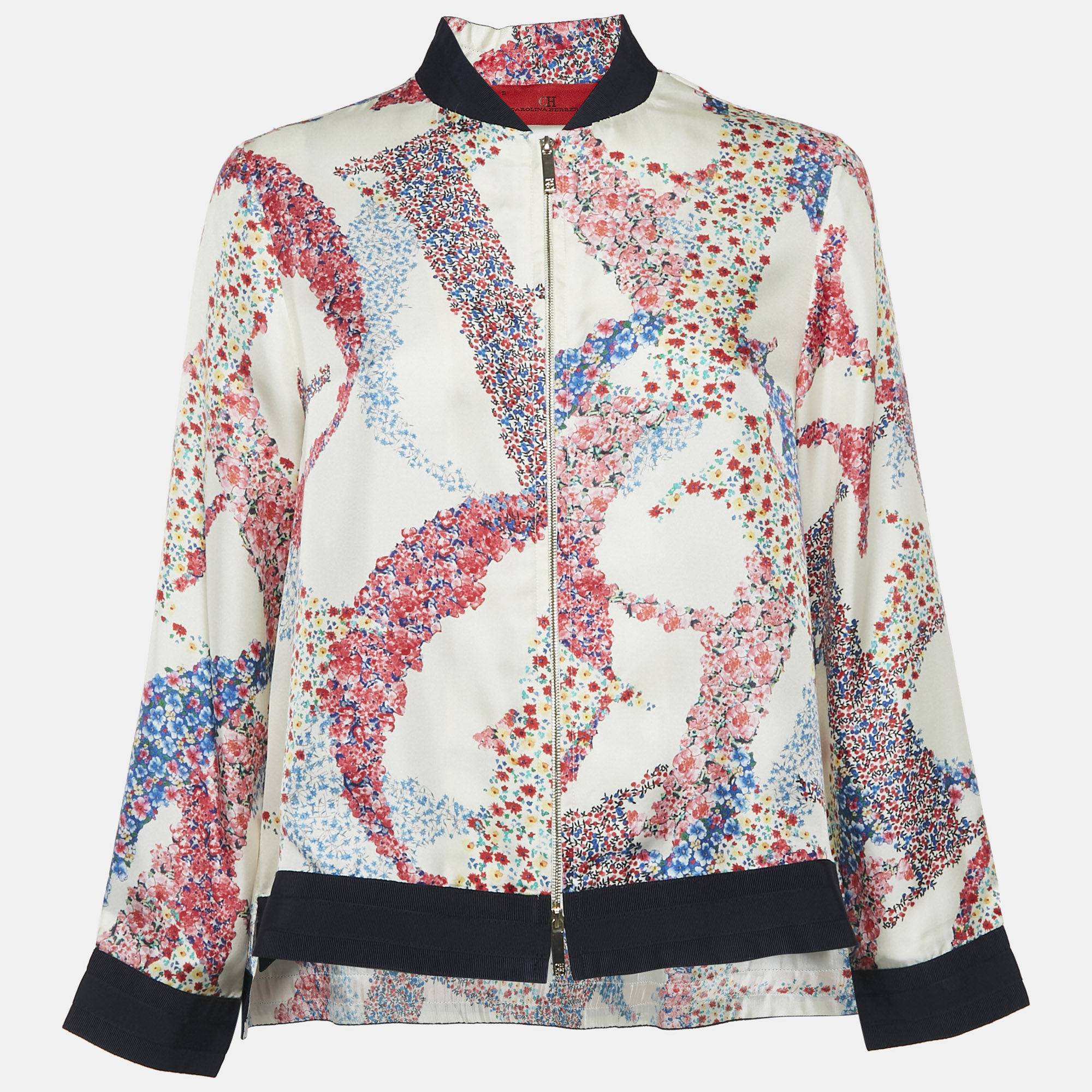

CH Carolina Herrera White Floral Print Silk Zip-Up Jacket S