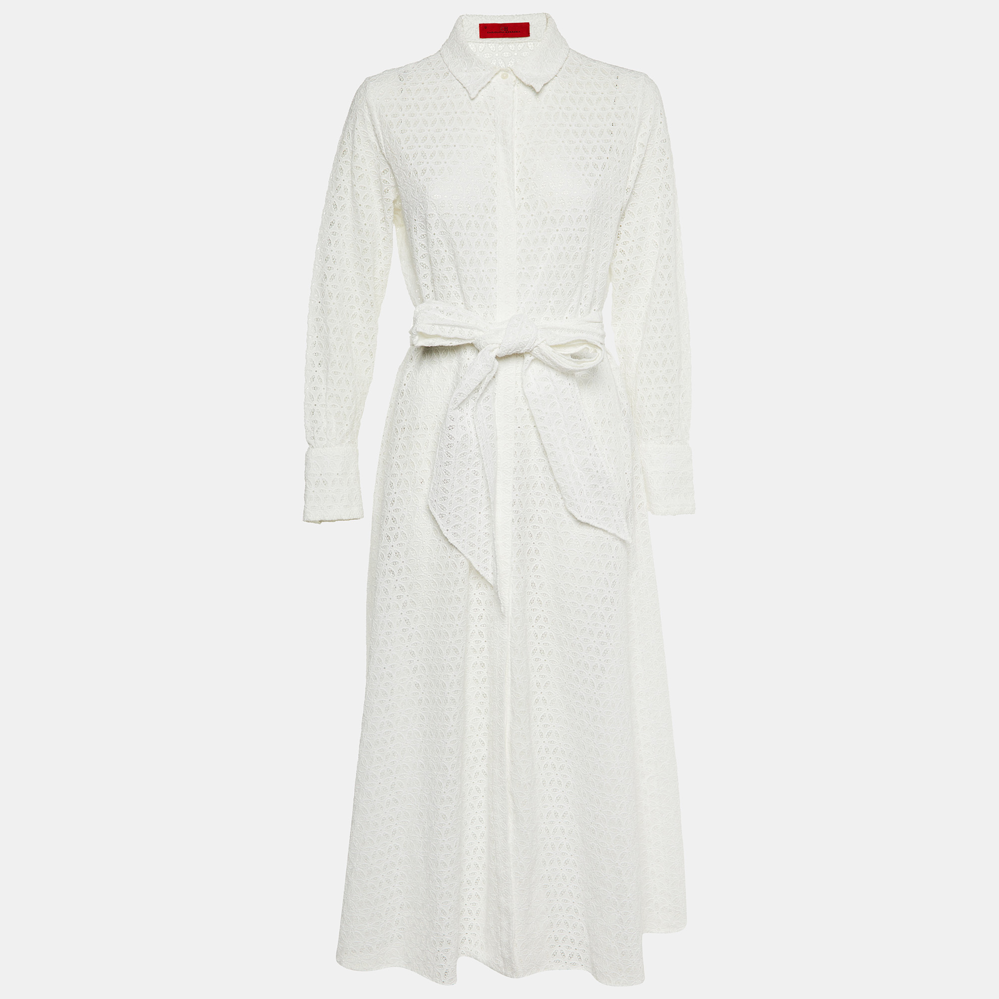 

CH Carolina Herrera White Eyelet Lace Belted Maxi Dress L