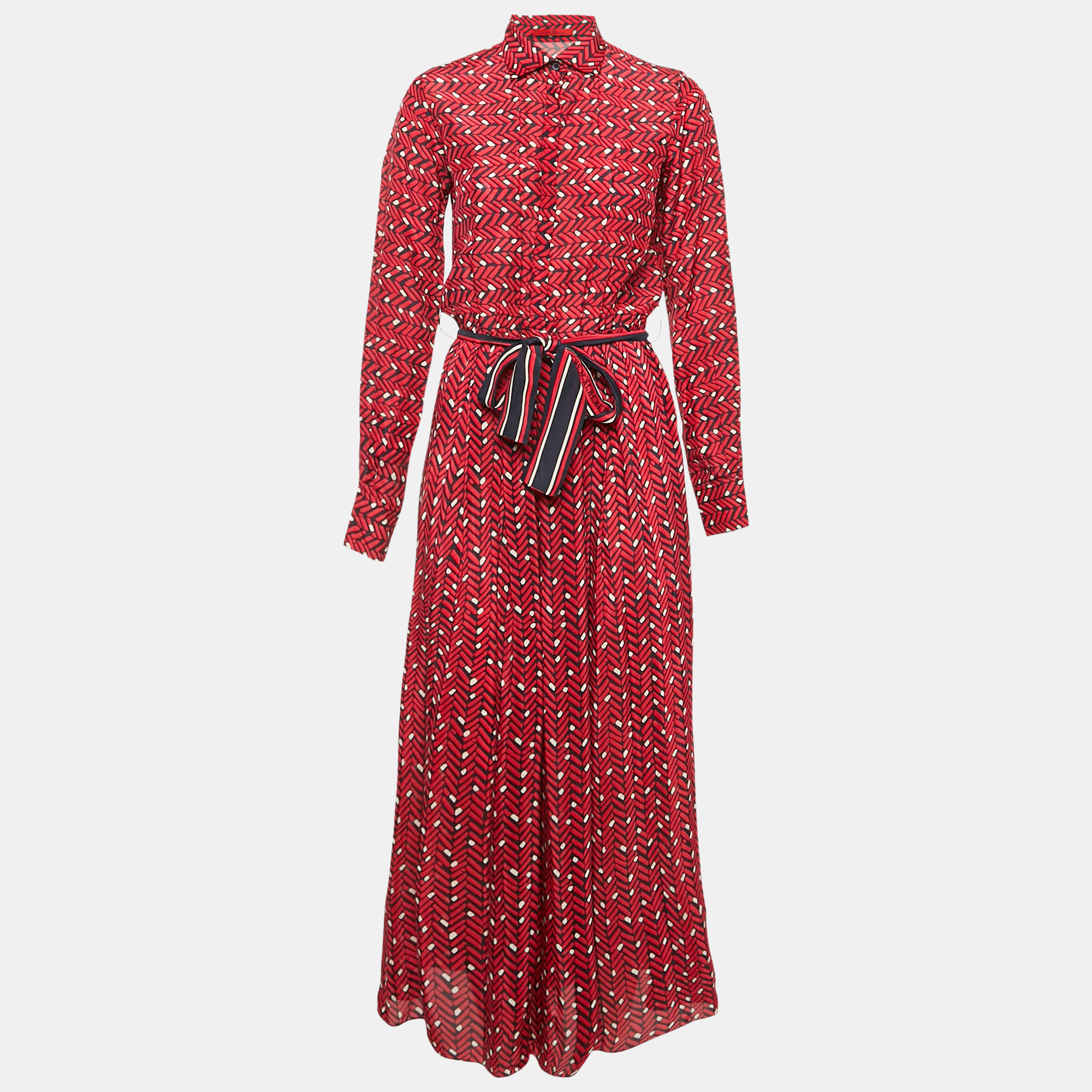 

CH Carolina Herrera Red Printed Chiffon Belted Maxi Dress XS